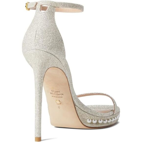 STUART WEITZMAN Womens Silver Faux Pearl Disco Stiletto Heeled Sandal 7.5 M - Picture 2 of 4